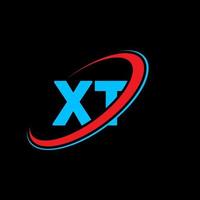 XT X T letter logo design. Initial letter XT linked circle uppercase monogram logo red and blue. XT logo, X T design. xt, x t vector