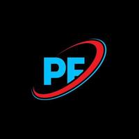 PF P F letter logo design. Initial letter PF linked circle uppercase monogram logo red and blue. PF logo, P F design. pf, p f vector