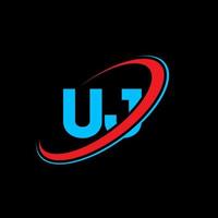 UJ U J letter logo design. Initial letter UJ linked circle uppercase monogram logo red and blue. UJ logo, U J design. uj, u j vector