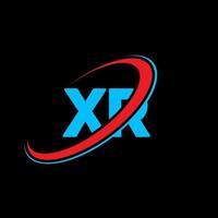 XR X R letter logo design. Initial letter XR linked circle uppercase monogram logo red and blue. XR logo, X R design. xr, x r vector