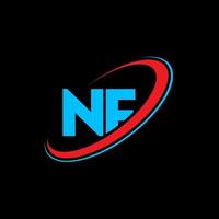 NF N F letter logo design. Initial letter NF linked circle uppercase monogram logo red and blue. NF logo, N F design. nf, n f vector