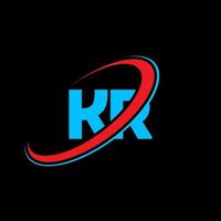 KR K R letter logo design. Initial letter KR linked circle uppercase monogram logo red and blue. KR logo, K R design. kr, k r vector