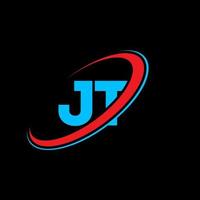 JT J T letter logo design. Initial letter JT linked circle uppercase monogram logo red and blue. JT logo, J T design. jt, j t vector