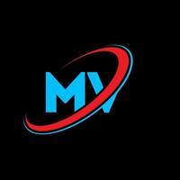 MV M V letter logo design. Initial letter MV linked circle uppercase monogram logo red and blue. MV logo, M V design. mv, m v vector