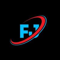 FJ F J letter logo design. Initial letter FJ linked circle uppercase monogram logo red and blue. FJ logo, F J design. fj, f j vector