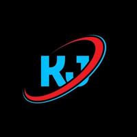 KJ K J letter logo design. Initial letter KJ linked circle uppercase monogram logo red and blue. KJ logo, K J design. kj, k j vector