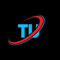 TU T U letter logo design. Initial letter TU linked circle uppercase monogram logo red and blue. TU logo, T U design. tu, t u vector