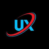UX U X letter logo design. Initial letter UX linked circle uppercase monogram logo red and blue. UX logo, U X design. ux, u x vector