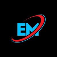 EM E M letter logo design. Initial letter EM linked circle uppercase monogram logo red and blue. EM logo, E M design. em, e m vector