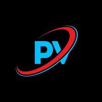 PV P V letter logo design. Initial letter PV linked circle uppercase monogram logo red and blue. PV logo, P V design. pv, p v vector