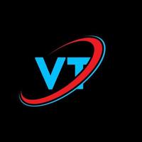 VT V T letter logo design. Initial letter VT linked circle uppercase monogram logo red and blue. VT logo, V T design. vt, v t vector