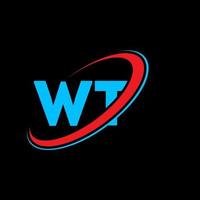 WT W T letter logo design. Initial letter WT linked circle uppercase monogram logo red and blue. WT logo, W T design. wt, w t vector