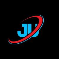 JU J U letter logo design. Initial letter JU linked circle uppercase monogram logo red and blue. JU logo, J U design. ju, j u vector