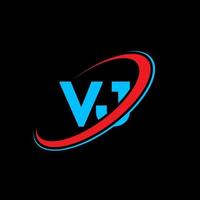 VJ V J letter logo design. Initial letter VJ linked circle uppercase monogram logo red and blue. VJ logo, V J design. vj, v j vector