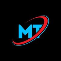 diseño del logotipo de la letra mt mt. letra inicial mt círculo vinculado en mayúsculas logo monograma rojo y azul. logotipo mt, diseño mt. mt, mt vector
