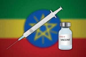 jeringa y vial de vacuna sobre fondo borroso con bandera de etiopía, vector