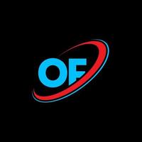 OF O F letter logo design. Initial letter OF linked circle uppercase monogram logo red and blue. OF logo, O F design. of, o f vector