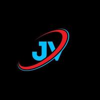 JV J V letter logo design. Initial letter JV linked circle uppercase monogram logo red and blue. JV logo, J V design. jv, j v vector