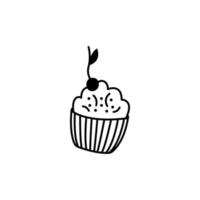 Cupcake doodle linear. Cute muffin with cherry. Tea party element on a white background. Hand drawn vector illustration.