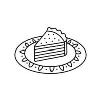 Pie doodle linear. Cute cake on a plate with patterns. Tea party element on a white background. Hand drawn vector illustration.