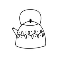 Teapot doodle linear. Cute kettle with patterns. Tea party element on a white background. Hand drawn vector illustration.