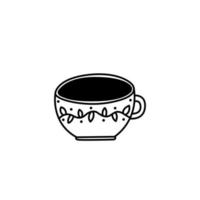 Cup doodle linear. Cute cup with patterns. Tea party element on a white background. Hand drawn vector illustration.