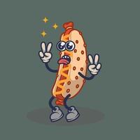 Teary eyes Hotdog with peace stuck out tongue expression sticker. vector