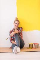 young female painter sitting on floor photo