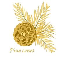 Fir tree branches with pine cone in golden color vector