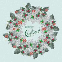 Christmas card with wreath of holly berry and cineraria vector