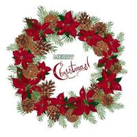 Vintage Christmas wreath with pine cones and poinsettia isolated on white background vector