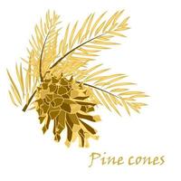 Fir tree branches with pine cone in golden color vector