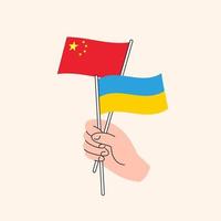 Cartoon Hand Holding Chinese And Ukrainian Flags. China Ukraine Relationships. Concept of Diplomacy, Politics And Democratic Negotiations. Ukraine as Independent Nation, Flat Design Isolated Vector
