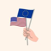 Cartoon Hand Holding European Union And United States Flags. EU and US Relationships. Concept of Diplomacy, Politics And Democratic Negotiations. Flat Design Isolated Vector