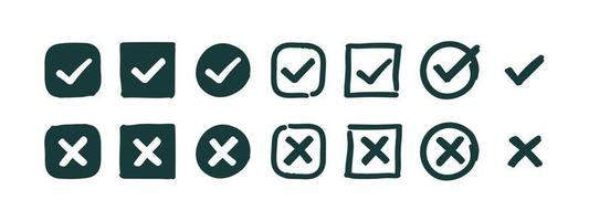 Doodle check mark and cross icon set Royalty Free Vector