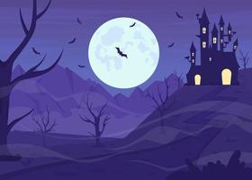 Haunted castle on hill flat color vector illustration