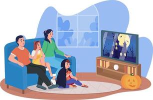 Family watching horror movie 2D vector isolated illustration