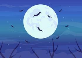 Bats flying in full moon flat color vector illustration. Spooky night. Halloween nighttime. Ominous and mystic environment. Fully editable 2D simple cartoon objects with night sky on background
