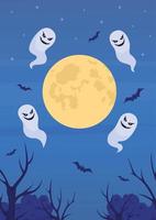 Moon and floating spirits flat color vector illustration. Halloween night. Evil ghosts looking for victims. Fully editable 2D simple cartoon characters with night sky on background