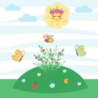 Meadow with flowers. Wildflowers in summer. Sun, butterfly and bee. Illustration for printing, backgrounds and packaging. Image can be used for posters, stickers. Isolated on white background.. vector