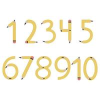 Numbers from yellow simple pencils, vector illustration isolated on a white background