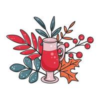 Autumn cute composition with mulled wine, berries and leaves vector