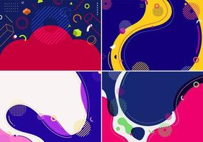 Set of abstract background flat design liquid organic forms dynamic waves and 3D geometric circles, lines elements pattern background retro style vector