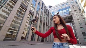 Girl Blogger Influencer Outdoors Creating Content for Social Media video