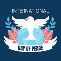 illustration vector graphic of white dove flapping its two wings above the earth, showing leaves and ribbon board, perfect for international day of peace, celebrate, greeting card, etc.