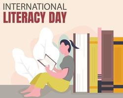 illustration vector graphic of a woman is reading a book while leaning, showing lined up book, perfect for international literacy day, study, celebrate, greeting card, etc.