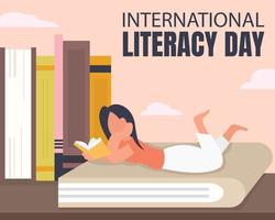 illustration vector graphic of a woman is lying on a book reading a book, showing lined up book, perfect for international literacy day, study, celebrate, greeting card, etc.