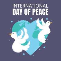 illustration vector graphic of a pair of white doves are flying flapping their wings, showing the world map in the heart symbol, perfect for international day of peace, celebrate, greeting card, etc.