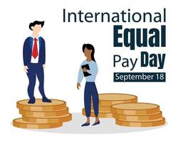 illustration vector graphic of a boss is standing on a gold coin and a woman is holding a book, perfect for international equal pay day, celebrate, greeting card, business, etc.