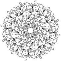 Abstract ornate mandala with curls and doodle flowers, meditative coloring page and tangled patterns vector
